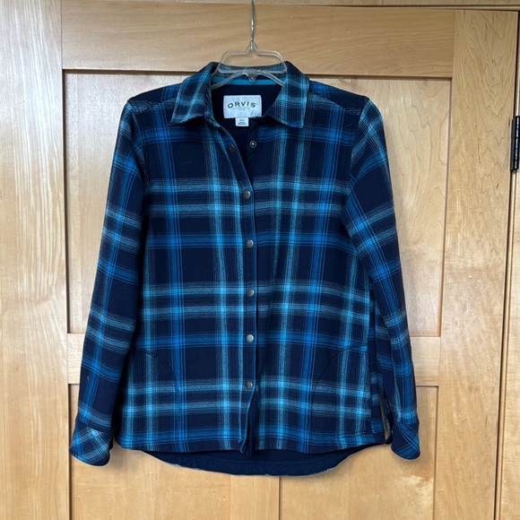 Orvis fleece lined cotton Navy and Teal Plaid Shirt jacket - Picture 1 of 8